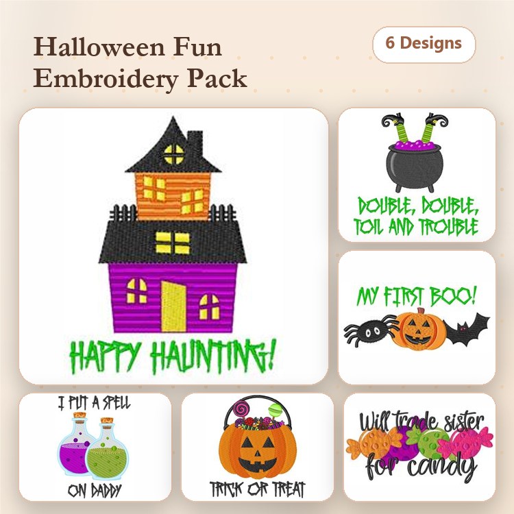 Halloween Themed Embroidery Designs Bundle – Haunted House, Cauldron, Pumpkin with Face & More (6 Designs)