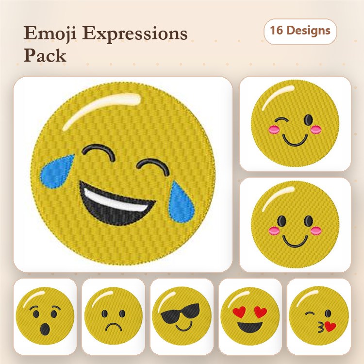 Emoji Expressions Embroidery Designs Bundle – Laughing Emoji, Smiling Emoji with Blush, Sad Emoji, & More (16 Designs)