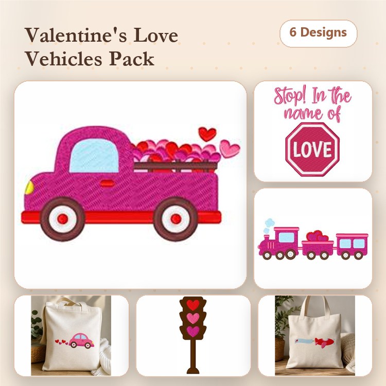 Applique Valentine's Vehicles Embroidery Bundle – Heart Truck, Heart Train, Love Stop Sign & More (6 Designs)