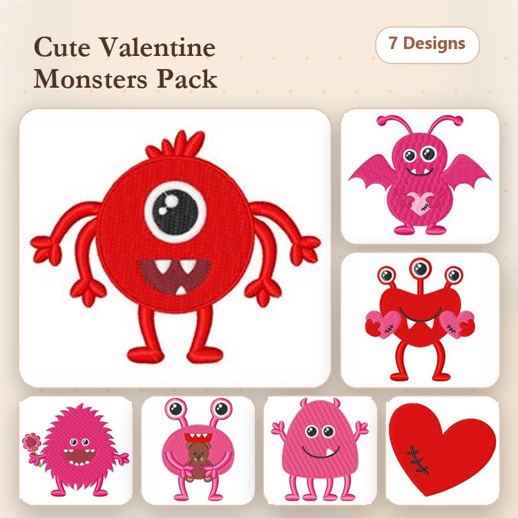Cute Valentine Monsters Embroidery Designs Bundle – Red Monster, Pink Flying Monster, Cute Crab Monster & More (7 Designs)