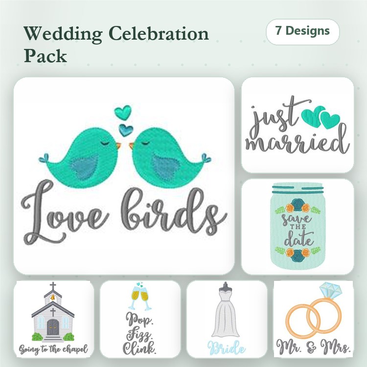 Wedding Celebration Embroidery Designs Bundle – Love Birds, Just Married, Save the Date & More (7 Designs)