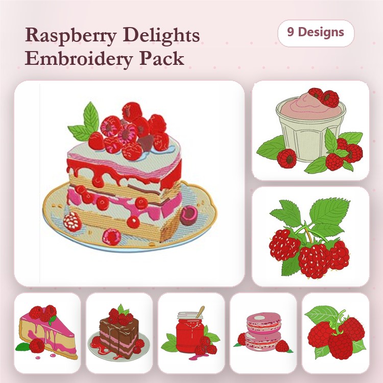 Raspberry Dessert Embroidery Designs Bundle – Layer Cake, Tart, Cupcake & More (9 Designs)