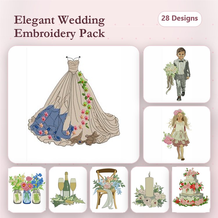 Wedding-themed Embroidery Designs Bundle – Wedding Dress, Groom in Suit, Flower Girl & More (28 Designs)