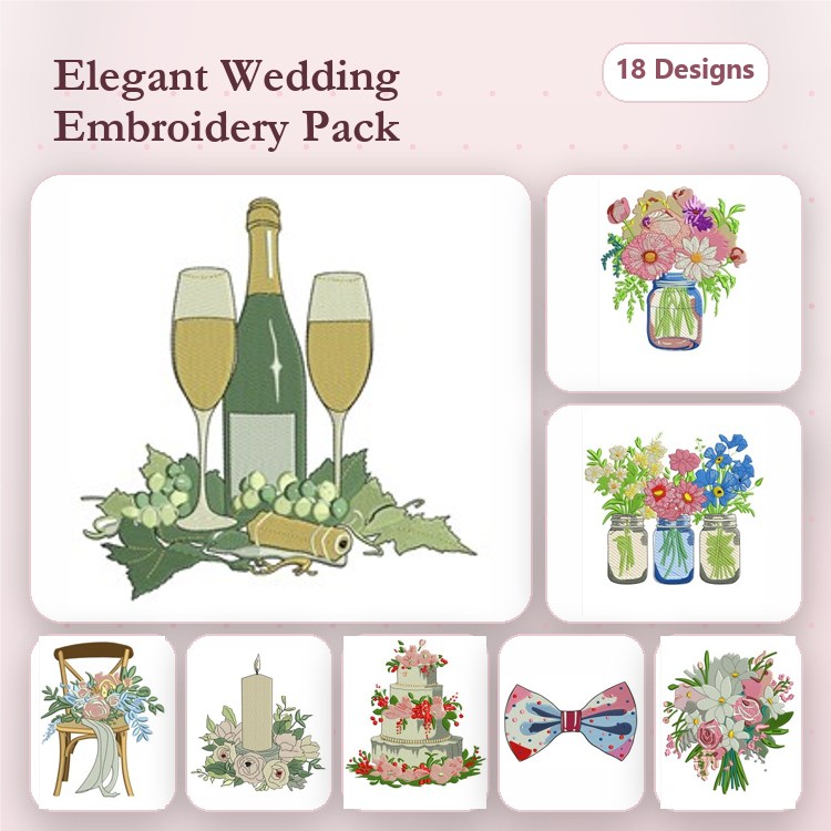Wedding Celebration Embroidery Designs Bundle – Champagne Bottles, Floral Bouquets, Wedding Cakes & More (18 Designs)
