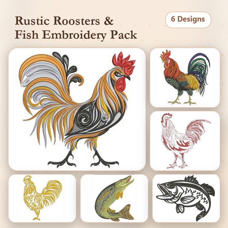 Farm Animal Embroidery Designs Bundle – Colorful Rooster, White Hen, Trout & More (6 Designs)