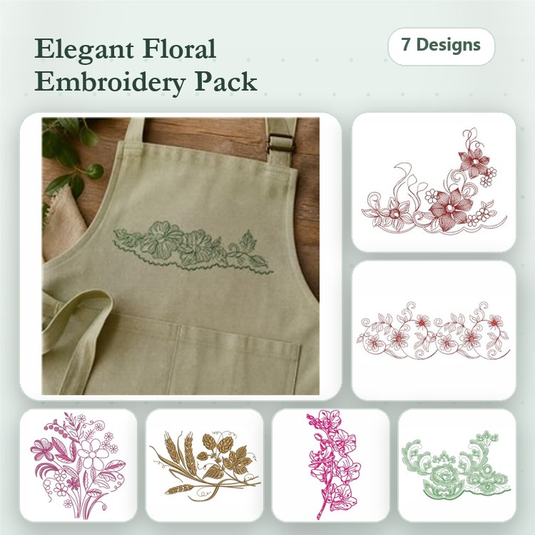 Elegant Floral Embroidery Designs Bundle – Floral Border, Pink Flower Cluster, Ornate Floral Swirl & More (7 Designs)