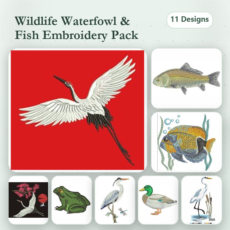 Wildlife Waterfowl and Fish Embroidery Designs Bundle – Crane, Carp, Tropical Fish & More (11 Designs)