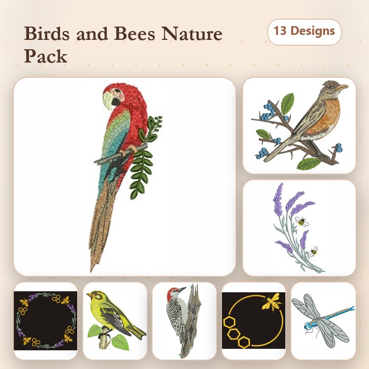Birds and Bees Embroidery Bundle – Scarlet Macaw, Bluebird, Dragonfly & More (13 Designs)