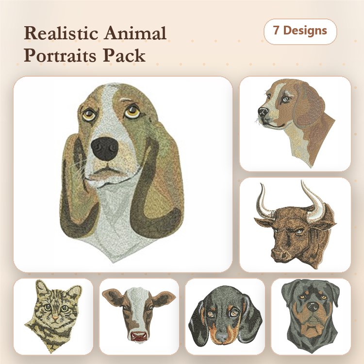 Beagle, Bull & Cat Embroidery Bundle – Farm & Pet Animals (7 Designs)