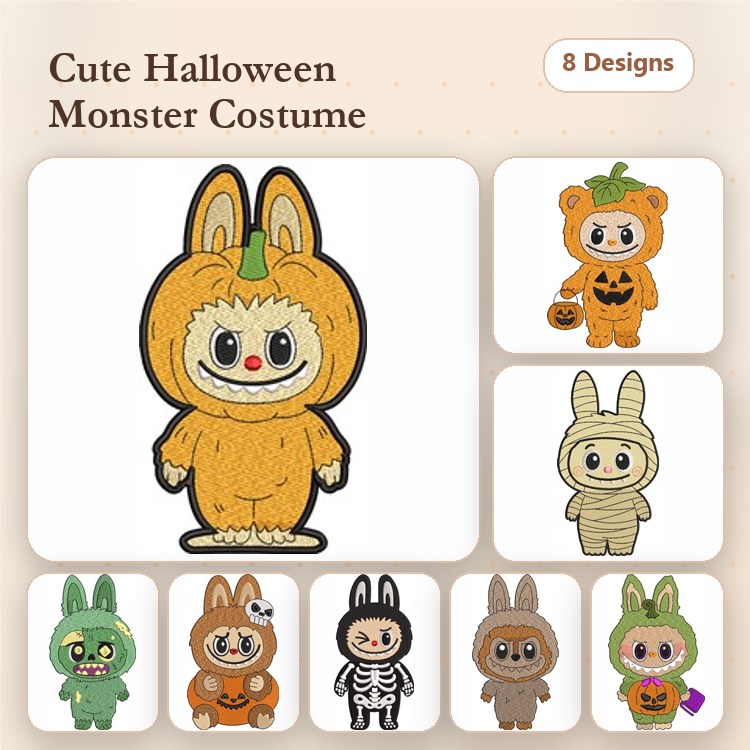 Halloween Monster Costumes Embroidery Designs Bundle – Pumpkin, Bear, Mummy, Bunny & More (8 Designs)
