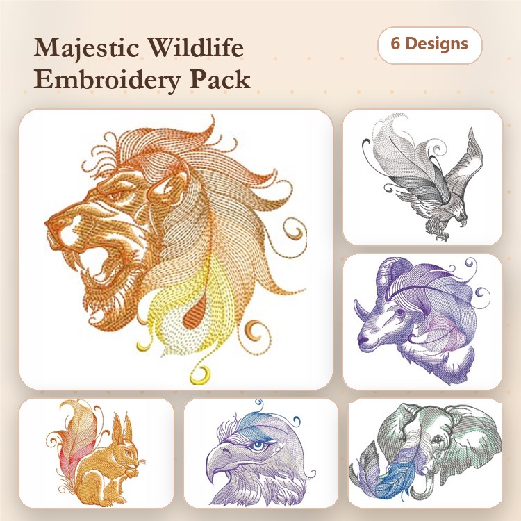 Wildlife Animals Embroidery Designs Bundle – Lion, Eagle, Elephant, & More (6 Designs)