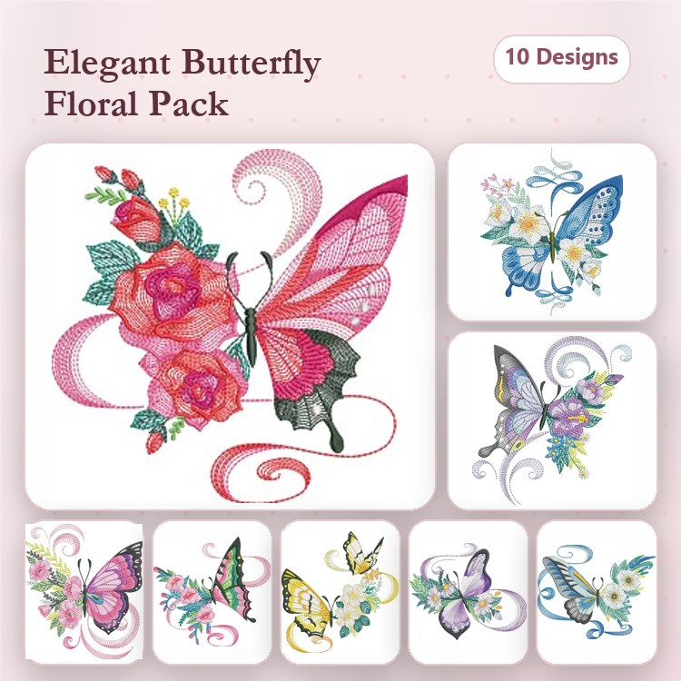 Butterflies & Floral Elements Embroidery Designs Bundle – Elegant Butterfly with Roses, Blue Floral Butterfly & More (10 Designs)