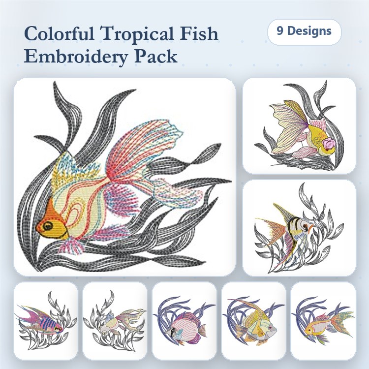 Colorful Tropical Fish Embroidery Bundle – Tropical Fish with Seaweed, Goldfish, Clownfish & More (9 Designs)