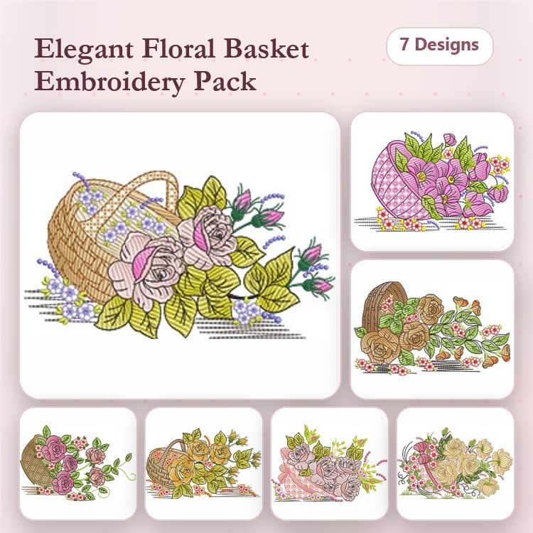 Floral Basket Embroidery Designs Bundle – Roses, Lilies, Wildflowers, Tulips & More (7 Designs)
