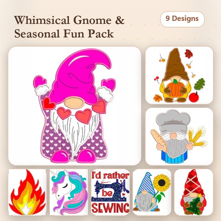 Gnomes & Seasonal Themes Embroidery Designs Bundle – Whimsical Gnome with Hearts, Autumn Gnome with Pumpkin & More (9 Designs)