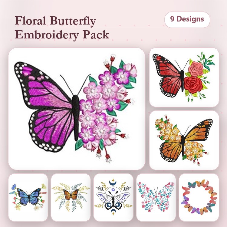 Floral Butterflies Embroidery Designs Bundle – Purple Butterfly with Flowers, Red Butterfly with Roses, & More (9 Designs)