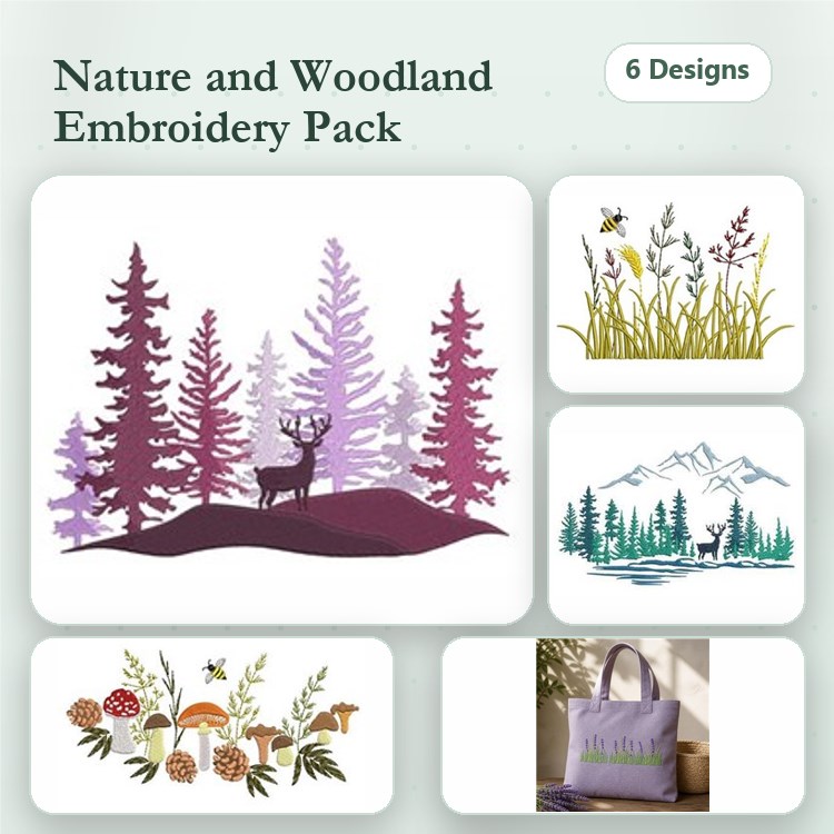 Nature and Woodland Embroidery Designs Bundle – Deer in Forest, Mountain Scene, Floral Arrangement & More (6 Designs)