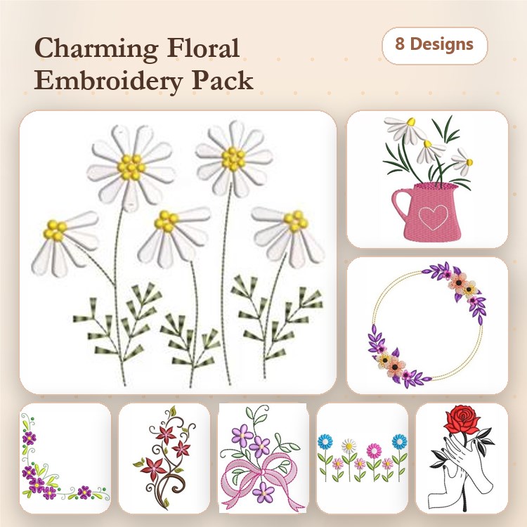 Floral Embroidery Designs Bundle – Daisy Flower, Flower Bouquet, Floral Wreath & More (8 Designs)
