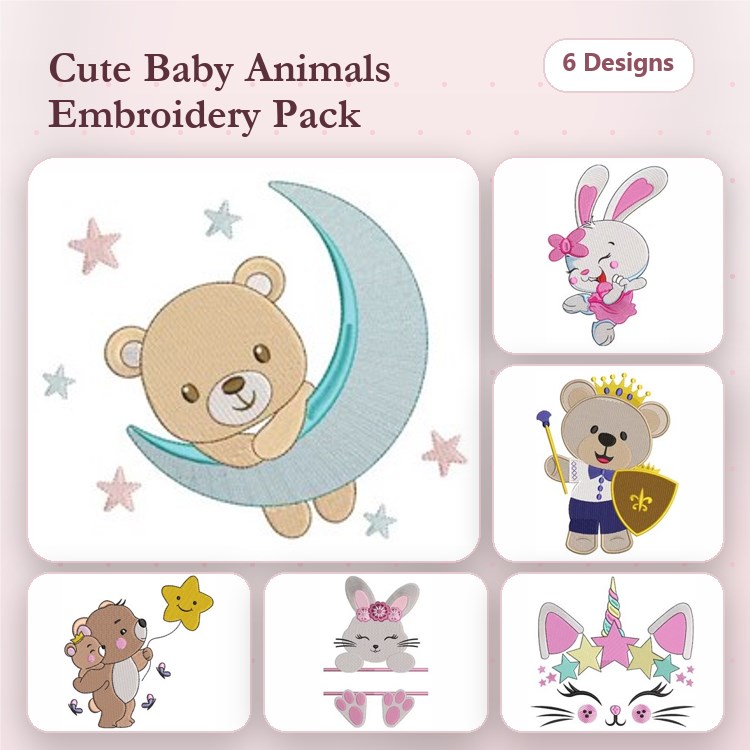 Cute Baby Animals Embroidery Bundle – Sleeping Bear, Bunny with Stars, King Bear & More (6 Designs)