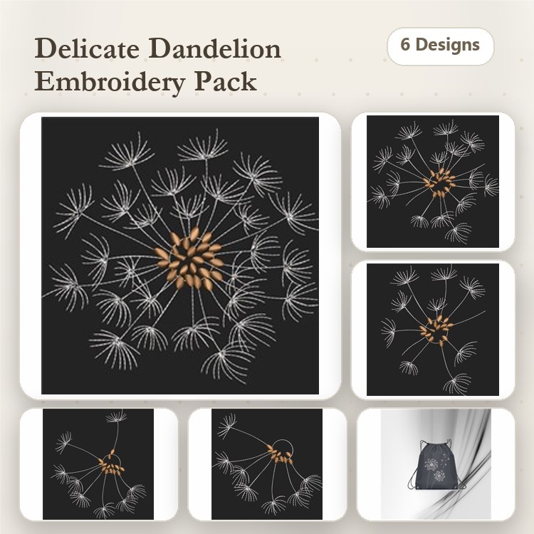 Dandelion Puff Embroidery Designs Bundle – Dandelion Puff, Dandelion Bouquet, Dandelion Stem & More (6 Designs)