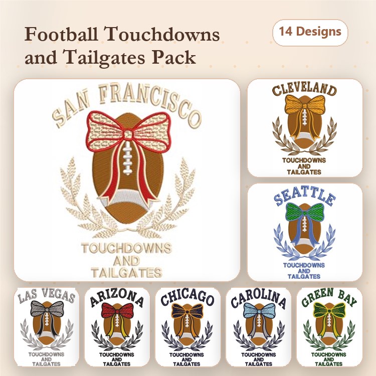 Football Themed Embroidery Designs Bundle – San Francisco, Cleveland, Seattle & More (14 Designs)