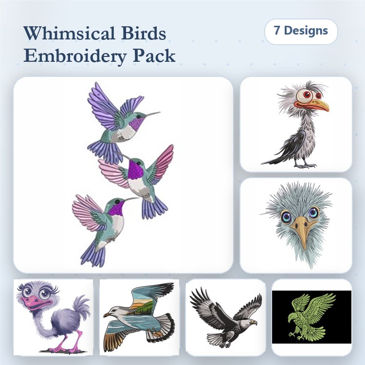 Whimsical Bird Embroidery Designs Bundle – Hummingbird Trio, Cartoon Bird, Colorful Bird & More (7 Designs)
