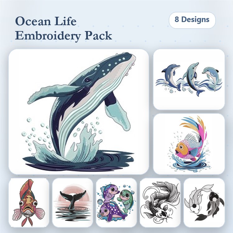 Ocean Life Embroidery Bundle – Whale, Dolphins, Goldfish & More (8 Designs)