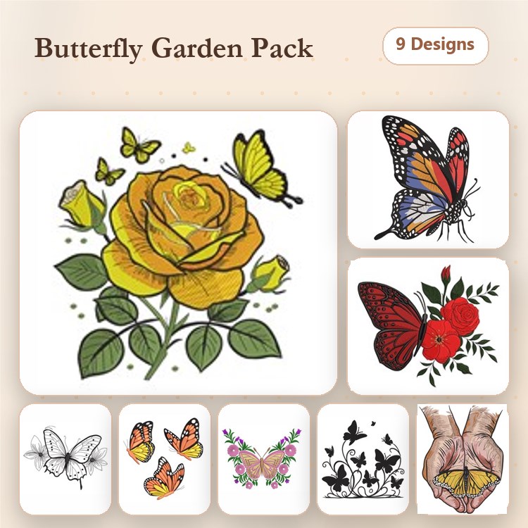 Floral & Butterfly Embroidery Designs Bundle – Yellow Rose, Monarch Butterfly, Red Flower & More (9 Designs)