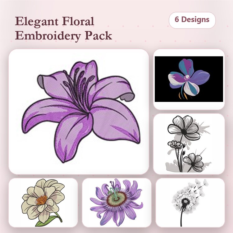 Elegant Floral Embroidery Bundle – Purple Lily, Sunflower, Blue Flower & More (6 Designs)