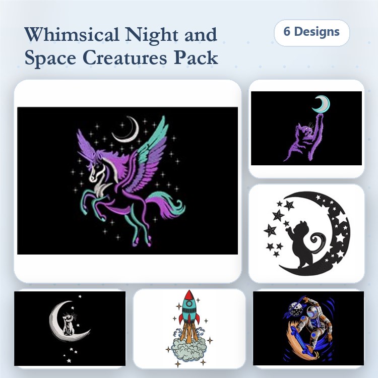 Whimsical Night & Space Creatures Embroidery Designs Bundle – Unicorn, Cat, Rocket & More (6 Designs)