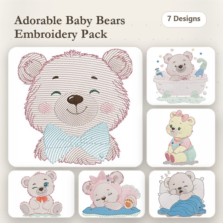 Adorable Baby Bears Embroidery Bundle – Happy Bear with Bow Tie, Bear in Bathtub, Baby Bear with Rattle & More (7 Designs)