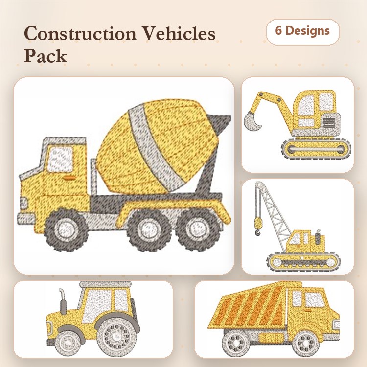 Construction Vehicles Embroidery Designs Bundle – Concrete Mixer Truck, Excavator, Crane & More (6 Designs)