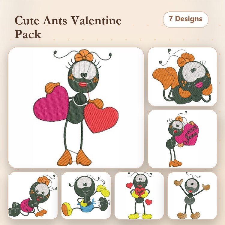 Valentine-Themed Ants Embroidery Designs Bundle – Ant with Pink Heart, Ant Holding Heart, Ant in Love & More (7 Designs)