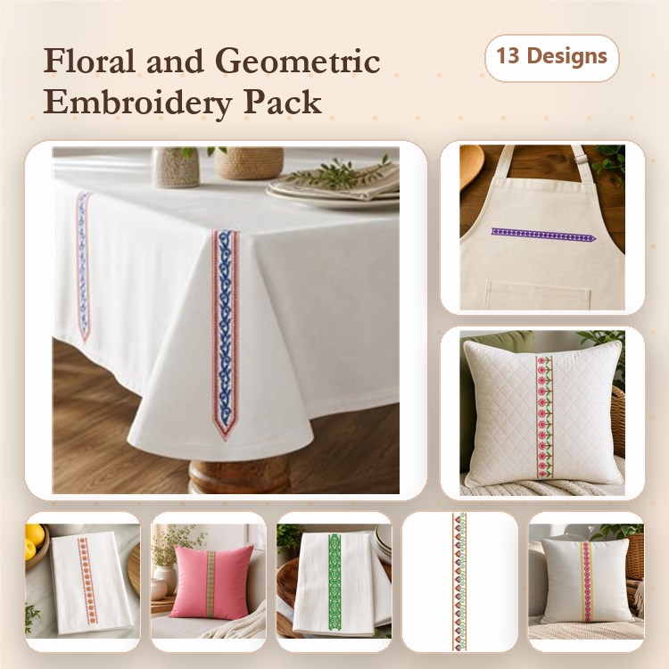 Floral & Geometric Embroidery Designs Bundle – Table Runner, Apron, Pillow Covers & More (13 Designs)