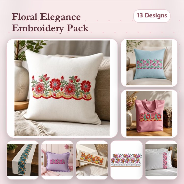 Floral Embroidery Designs Bundle – Flower Border, Floral Pillow Design, Flower Bouquet & More (13 Designs)