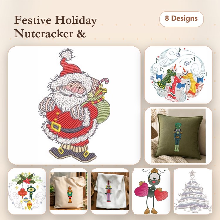 Holiday-themed Characters Embroidery Designs Bundle – Nutcracker Santa, Snowman Family, Christmas Tree & More (8 Designs)