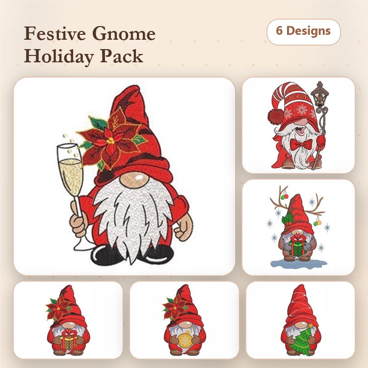 Festive Gnomes Embroidery Designs Bundle – Celebratory Gnome with Glass, Gnome with Poinsettia, Gnome with Candy Cane & More (6 Designs)
