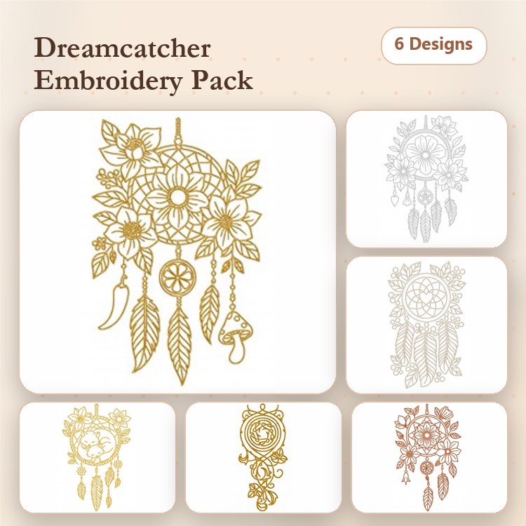 Dreamcatcher Embroidery Designs Bundle – Flowers, Feathers, Leaves, Moon & More (6 Designs)