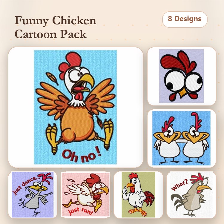 Funny Cartoon Chickens Embroidery Designs Bundle – Funny Chicken with Wings, Rooster with Text 'What?', & More (8 Designs)