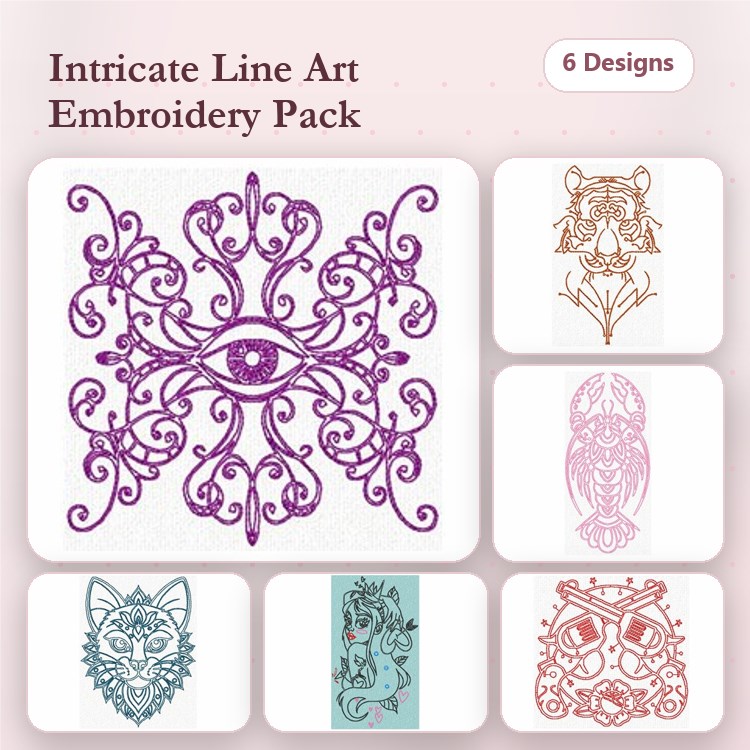 Redwork Intricate Line Art Embroidery Bundle – Decorative Eye, Feline Silhouette, Wolf Profile & More (6 Designs)