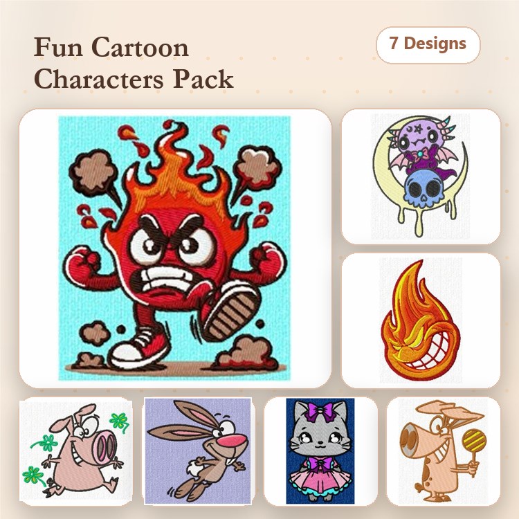 Cartoon Characters Embroidery Bundle – Fun Designs (7 Designs)