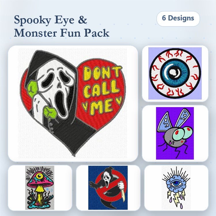 Spooky Monster Embroidery Designs Bundle – Ghost Face with Heart, Eye with Veins, Blue Monster Fly & More (6 Designs)