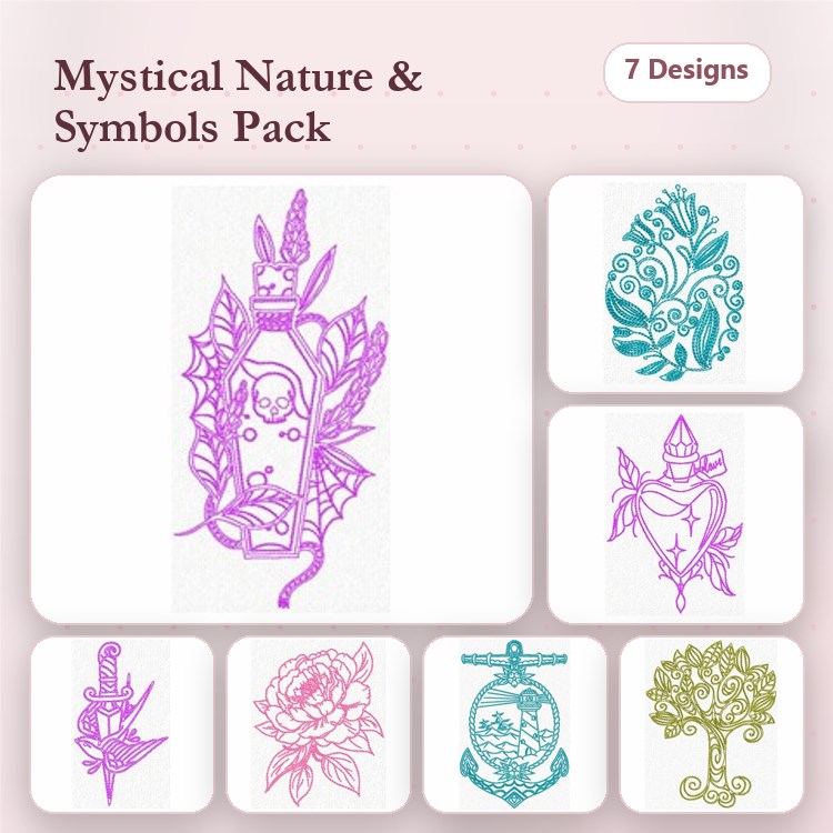 Mystical Nature Symbols Embroidery Designs Bundle – Potion Bottle, Peony Flower, Tree of Life & More (7 Designs)