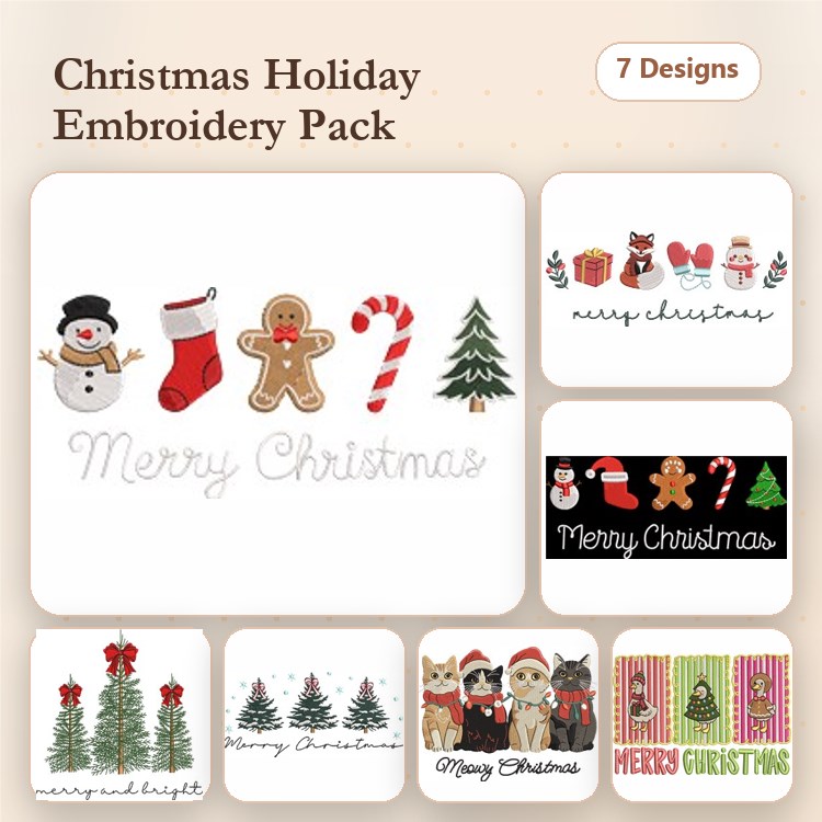 Christmas Holiday Embroidery Designs Bundle – Snowman, Gingerbread Man, Christmas Tree & More (7 Designs)