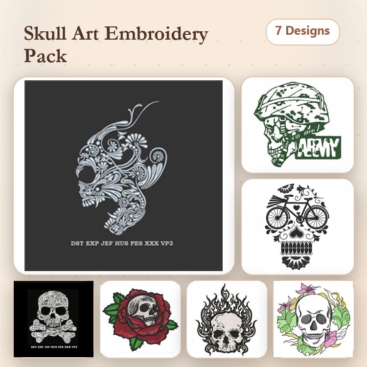 Skull Art Embroidery Designs Bundle – Skull with Floral Design, Rose with Skull, Decorative Skull & More (7 Designs)