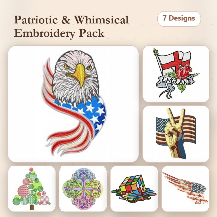 Patriotic Embroidery Designs Bundle – Eagle with American Flag, Union Jack Flag, Peace Sign & More (7 Designs)