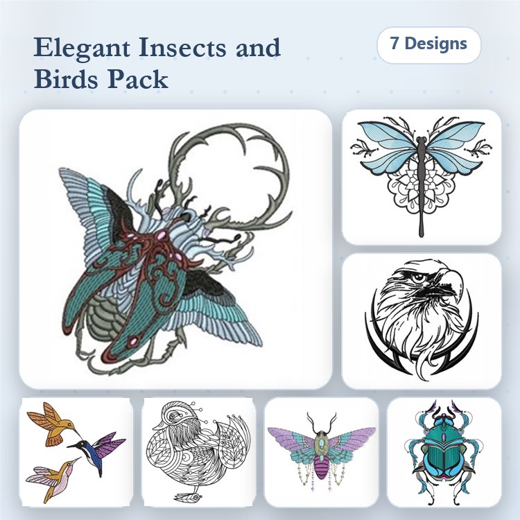 Insects and Birds Embroidery Designs Bundle – Butterfly, Hummingbird, Antlered Moth & More (7 Designs)