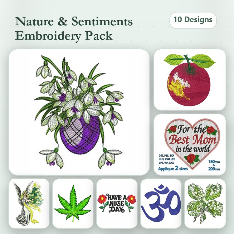 Applique Nature & Sentiment Embroidery Bundle – Potted Plant, Red Apple, Best Mom & More (10 Designs)