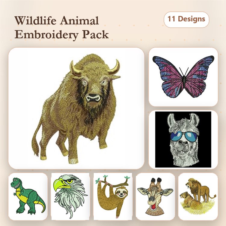 Wildlife Animals Embroidery Designs Bundle – Bison, Butterfly, Sloth, Llama with Sunglasses & More (11 Designs)
