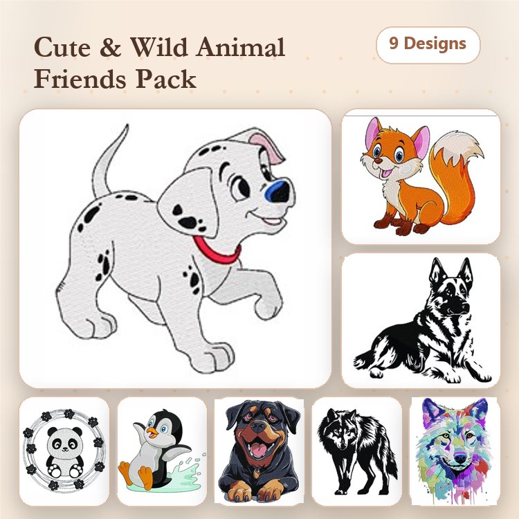 Dalmatian, German Shepherd & Penguin Embroidery Bundle – Animal Designs (9 Designs)